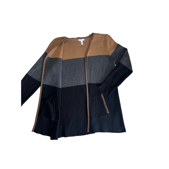 Charter Club Women’s Sweater Cardigan Open Color Block Cotton Pocket Medium - Picture 2 of 9